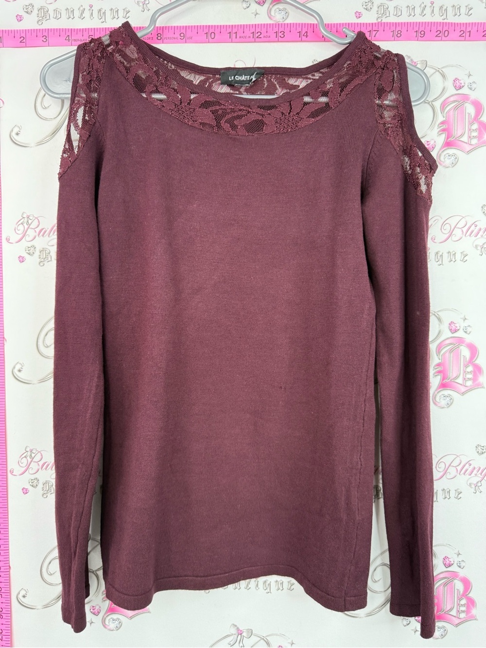 le chateau Long Sleeve Cold-Shoulder Lace Accent Top in Burgundy